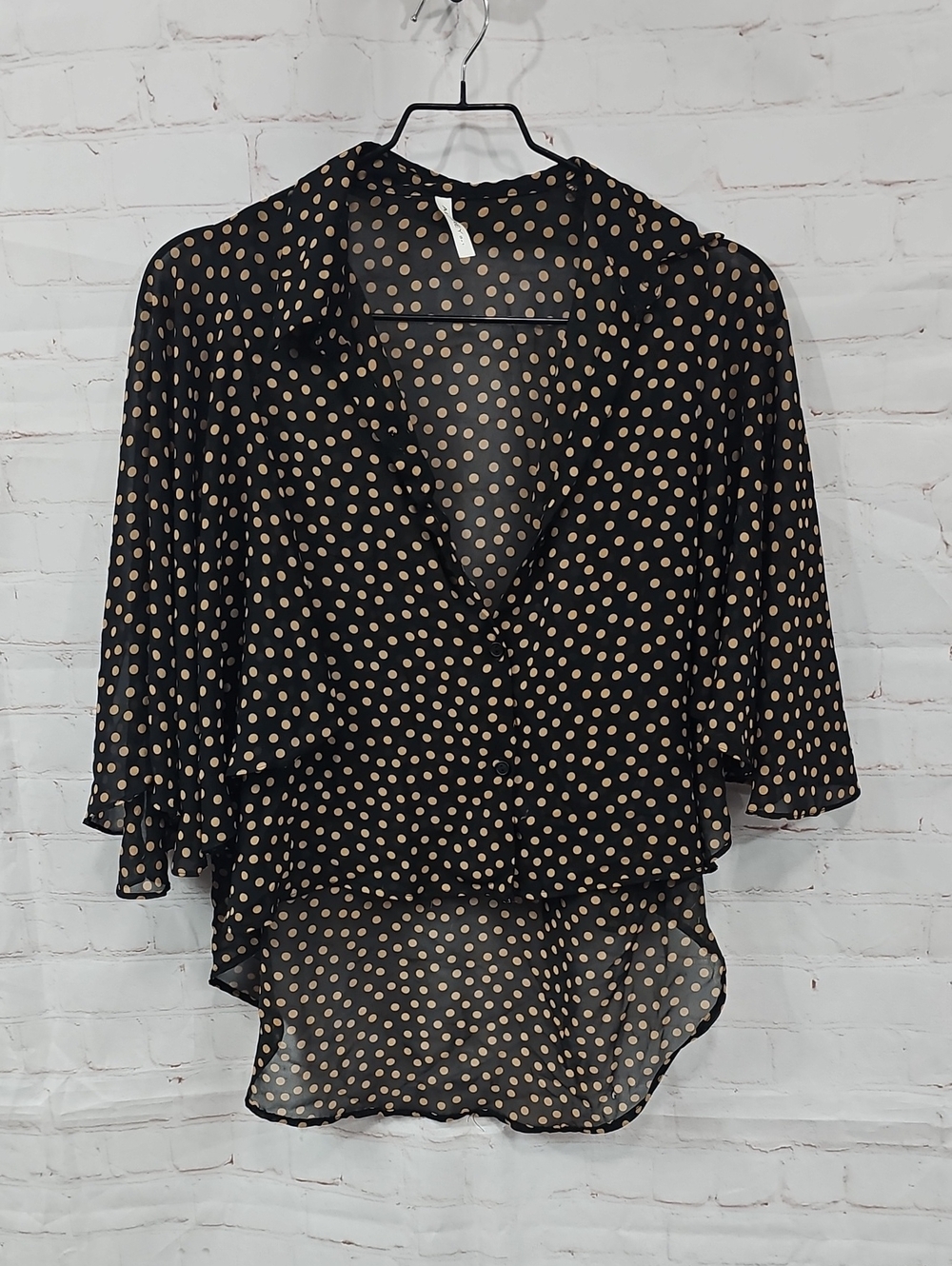 Audrey 3+1 Black Sheer Blouse with Tan Polka Dots
